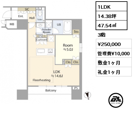 1LDK 47.54㎡ 3階 賃料¥250,000 管理費¥10,000 敷金1ヶ月 礼金1ヶ月