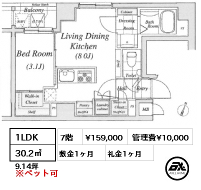 1LDK 30.2㎡ 7階 賃料¥159,000 管理費¥10,000 敷金1ヶ月 礼金1ヶ月