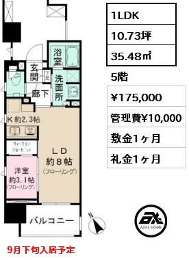 1LDK 35.48㎡ 5階 賃料¥175,000 管理費¥10,000 敷金1ヶ月 礼金1ヶ月 9月下旬入居予定