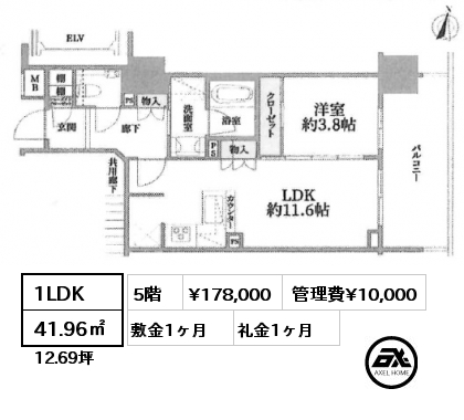 1LDK 41.96㎡ 5階 賃料¥178,000 管理費¥10,000 敷金1ヶ月 礼金1ヶ月