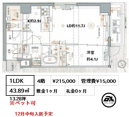 1LDK 43.89㎡ 4階 賃料¥215,000 管理費¥15,000 敷金1ヶ月 礼金0ヶ月 12月中旬入居予定