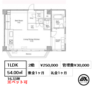 1LDK 54.00㎡ 2階 賃料¥250,000 管理費¥30,000 敷金1ヶ月 礼金1ヶ月