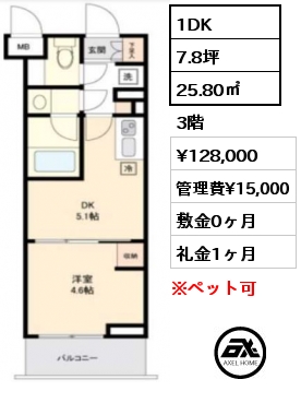 1DK 25.80㎡ 3階 賃料¥128,000 管理費¥15,000 敷金0ヶ月 礼金1ヶ月