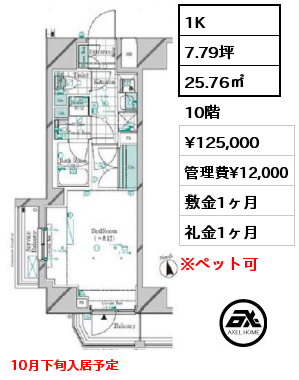 1K 25.76㎡ 10階 賃料¥125,000 管理費¥12,000 敷金1ヶ月 礼金1ヶ月 10月下旬入居予定