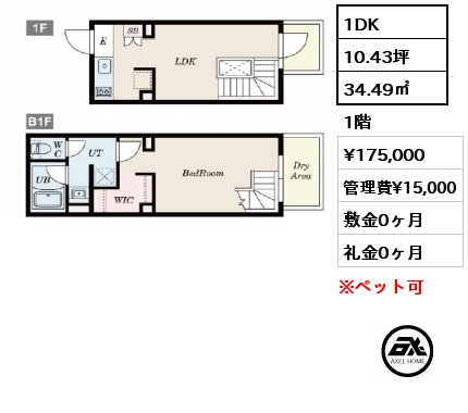 1DK 34.49㎡ 1階 賃料¥175,000 管理費¥15,000 敷金0ヶ月 礼金0ヶ月