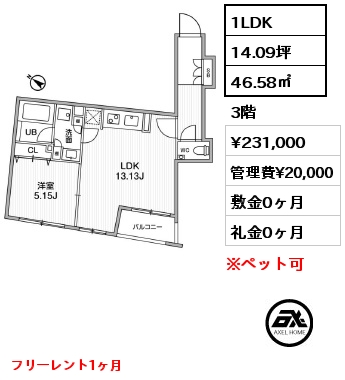 1LDK 46.58㎡ 3階 賃料¥231,000 管理費¥20,000 敷金0ヶ月 礼金0ヶ月 フリーレント1ヶ月