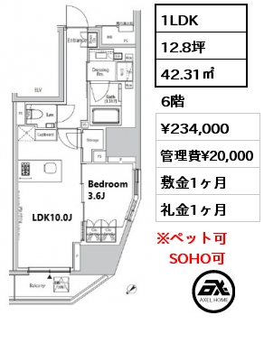 1LDK 42.31㎡ 6階 賃料¥234,000 管理費¥20,000 敷金1ヶ月 礼金1ヶ月