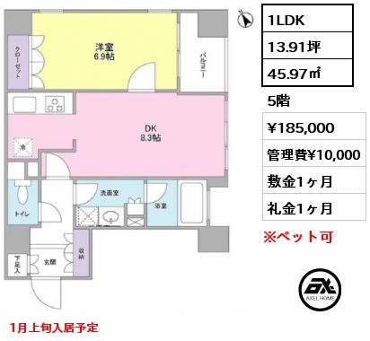 1LDK 45.97㎡ 5階 賃料¥185,000 管理費¥10,000 敷金1ヶ月 礼金1ヶ月 1月上旬入居予定