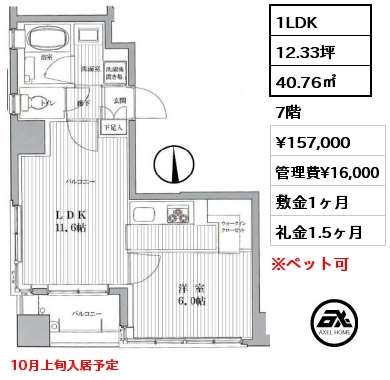 1LDK 40.76㎡ 7階 賃料¥157,000 管理費¥16,000 敷金1ヶ月 礼金1.5ヶ月 10月上旬入居予定