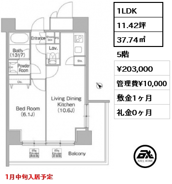 1LDK 37.74㎡ 5階 賃料¥203,000 管理費¥10,000 敷金1ヶ月 礼金0ヶ月 1月中旬入居予定