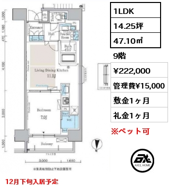 1LDK 47.10㎡ 9階 賃料¥222,000 管理費¥15,000 敷金1ヶ月 礼金1ヶ月 12月下旬入居予定