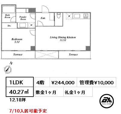 1LDK 40.27㎡ 4階 賃料¥244,000 管理費¥10,000 敷金1ヶ月 礼金1ヶ月 7/10入居可能予定