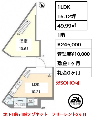 1LDK 49.99㎡ 1階 賃料¥245,000 管理費¥10,000 敷金1ヶ月 礼金0ヶ月 地下1階+1階メゾネット　フリーレント2ヶ月　