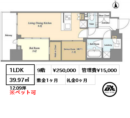 1LDK 39.97㎡ 9階 賃料¥245,000 管理費¥15,000 敷金1ヶ月 礼金0ヶ月