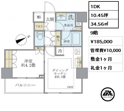 1DK 34.56㎡ 9階 賃料¥185,000 管理費¥10,000 敷金1ヶ月 礼金1ヶ月