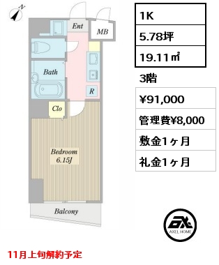 1K 19.11㎡ 3階 賃料¥91,000 管理費¥8,000 敷金1ヶ月 礼金1ヶ月 11月上旬解約予定