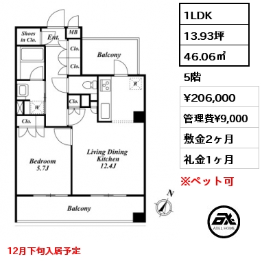 1LDK 46.06㎡ 5階 賃料¥206,000 管理費¥9,000 敷金2ヶ月 礼金1ヶ月 12月下旬入居予定