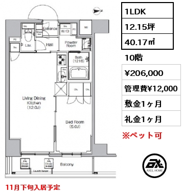 1LDK 40.17㎡ 10階 賃料¥206,000 管理費¥12,000 敷金1ヶ月 礼金1ヶ月 11月下旬入居予定