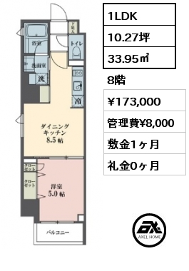 1LDK 33.95㎡ 8階 賃料¥173,000 管理費¥8,000 敷金1ヶ月 礼金0ヶ月