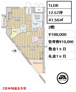 1LDK 41.56㎡ 2階 賃料¥188,000 管理費¥10,000 敷金1ヶ月 礼金1ヶ月 2月中旬退去予定