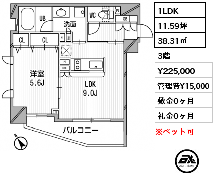 1LDK 38.31㎡ 3階 賃料¥225,000 管理費¥15,000 敷金0ヶ月 礼金0ヶ月