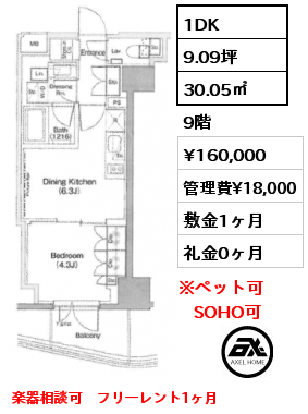 1DK 30.05㎡ 9階 賃料¥160,000 管理費¥18,000 敷金1ヶ月 礼金0ヶ月 楽器相談可　フリーレント1ヶ月