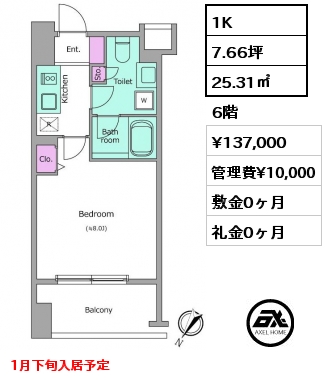 1K 25.31㎡ 6階 賃料¥137,000 管理費¥10,000 敷金0ヶ月 礼金0ヶ月 1月下旬入居予定