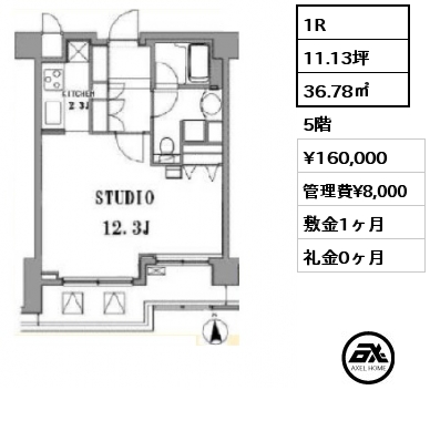 1R 36.78㎡ 5階 賃料¥160,000 管理費¥8,000 敷金1ヶ月 礼金0ヶ月