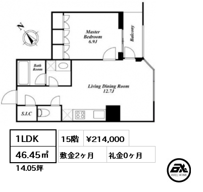 1LDK 46.45㎡ 15階 賃料¥214,000 敷金2ヶ月 礼金0ヶ月