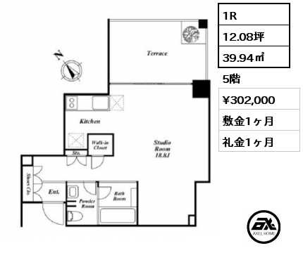 1R 39.94㎡ 5階 賃料¥280,000 敷金1ヶ月 礼金1ヶ月