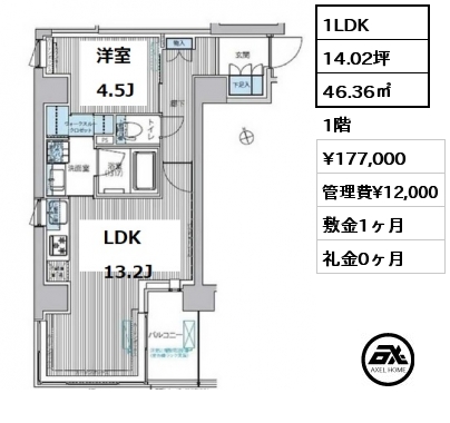 1LDK 46.36㎡ 1階 賃料¥177,000 管理費¥12,000 敷金1ヶ月 礼金0ヶ月