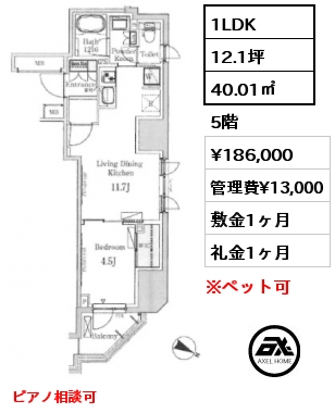 1LDK 40.01㎡ 5階 賃料¥186,000 管理費¥13,000 敷金1ヶ月 礼金1ヶ月 ピアノ相談可