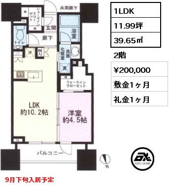間取り2 1LDK 39.65㎡ 2階 賃料¥200,000 敷金1ヶ月 礼金1ヶ月 9月下旬入居予定