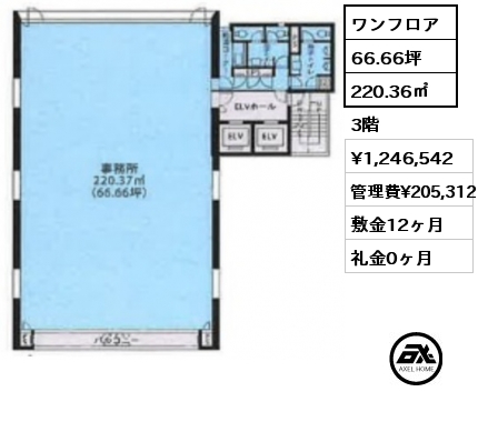 ワンフロア 220.36㎡ 3階 賃料¥1,246,542 管理費¥205,312 敷金12ヶ月 礼金0ヶ月