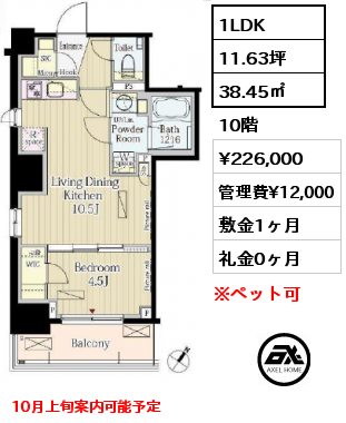 間取り2 1LDK 38.45㎡ 10階 賃料¥226,000 管理費¥12,000 敷金1ヶ月 礼金0ヶ月