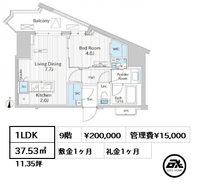 間取り2 1LDK 37.53㎡ 9階 賃料¥200,000 管理費¥15,000 敷金1ヶ月 礼金1ヶ月