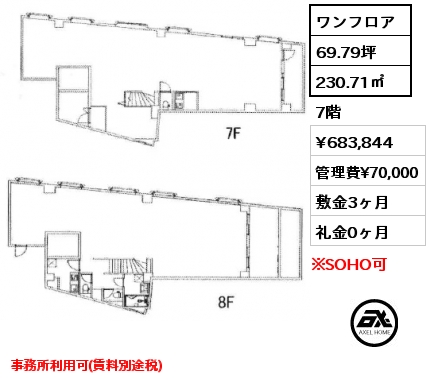 ワンフロア 230.71㎡ 7階 賃料¥683,844 管理費¥70,000 敷金3ヶ月 礼金0ヶ月 事務所利用可(賃料別途税)