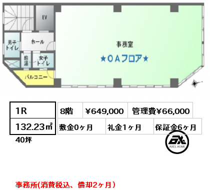 間取り2 1R 132.23㎡ 8階 賃料¥649,000 管理費¥66,000 敷金0ヶ月 礼金1ヶ月 事務所(消費税込、償却2ヶ月）