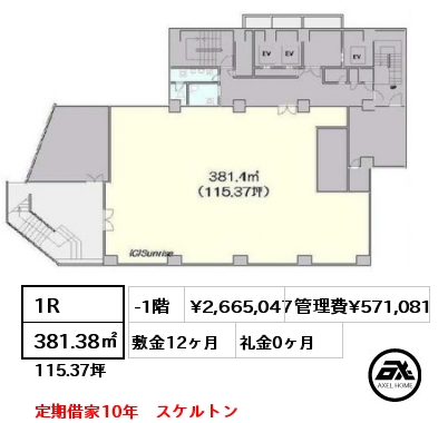 1R 381.38㎡ -1階 賃料¥2,665,047 管理費¥571,081 敷金12ヶ月 礼金0ヶ月 定期借家10年　スケルトン