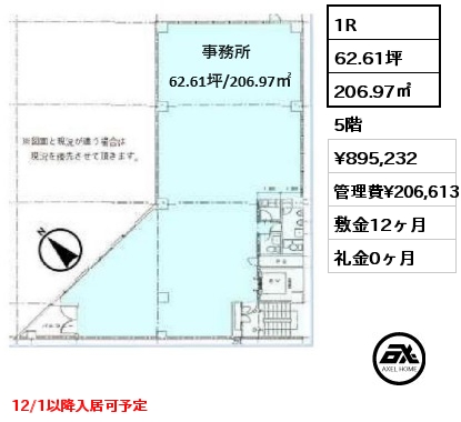 1R 206.97㎡ 5階 賃料¥895,232 管理費¥206,613 敷金12ヶ月 礼金0ヶ月 12/1以降入居可予定