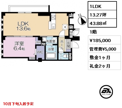 1LDK 43.88㎡ 1階 賃料¥185,000 管理費¥5,000 敷金1ヶ月 礼金2ヶ月