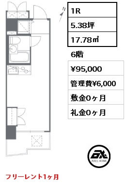 1R 17.78㎡ 6階 賃料¥95,000 管理費¥6,000 敷金0ヶ月 礼金0ヶ月 フリーレント1ヶ月