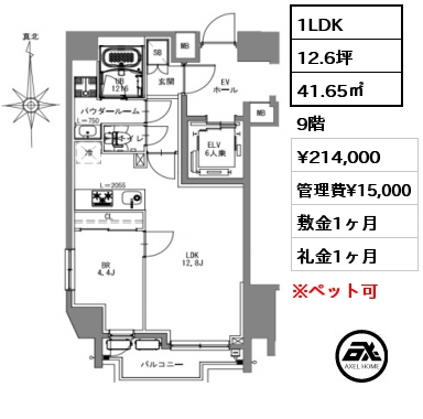 1LDK 41.65㎡ 9階 賃料¥214,000 管理費¥15,000 敷金1ヶ月 礼金1ヶ月