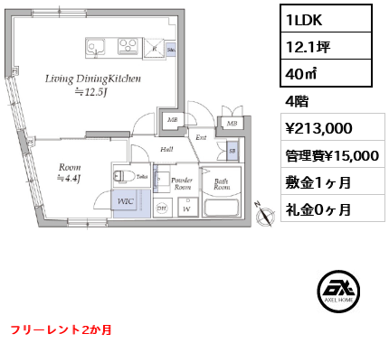 1LDK 40㎡  賃料¥213,000 管理費¥15,000 敷金1ヶ月 礼金0ヶ月 フリーレント2か月