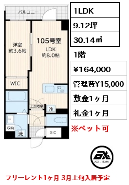 1LDK 30.14㎡ 1階 賃料¥164,000 管理費¥15,000 敷金1ヶ月 礼金1ヶ月 フリーレント1ヶ月 3月上旬入居予定