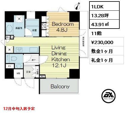 間取り2 1LDK 43.91㎡ 11階 賃料¥230,000 敷金1ヶ月 礼金1ヶ月 12月中旬入居予定