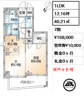 間取り2 1LDK 40.21㎡  賃料¥168,000 管理費¥10,000 敷金0ヶ月 礼金0ヶ月 　