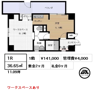 間取り2 1R 36.65㎡ 1階 賃料¥141,000 管理費¥4,000 敷金2ヶ月 礼金0ヶ月 ワークスペースあり　