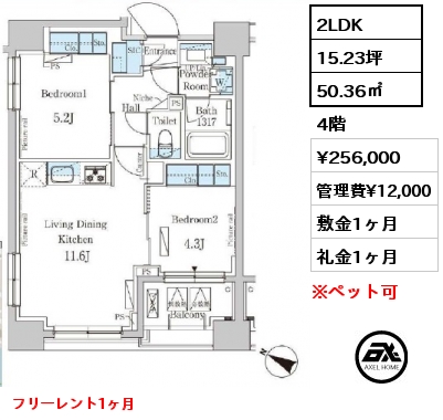 2LDK 50.36㎡ 4階 賃料¥256,000 管理費¥12,000 敷金1ヶ月 礼金1ヶ月 フリーレント1ヶ月