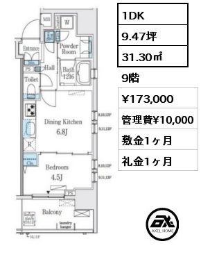 1DK 31.30㎡ 9階 賃料¥173,000 管理費¥10,000 敷金1ヶ月 礼金1ヶ月